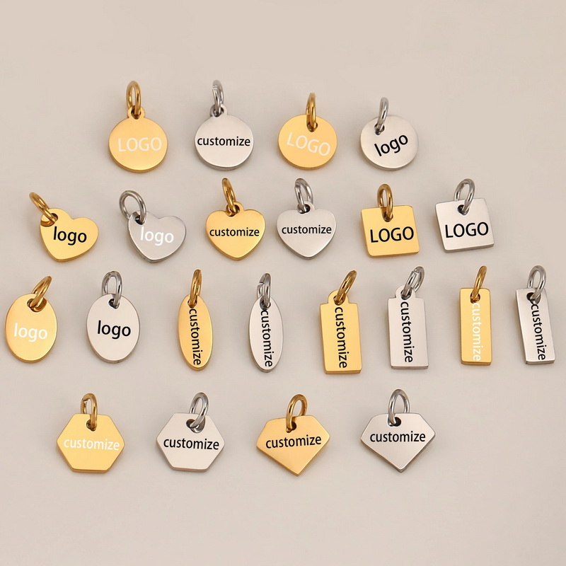 Stainless steel custom logo engraved jewelry extension tags in various shapes
